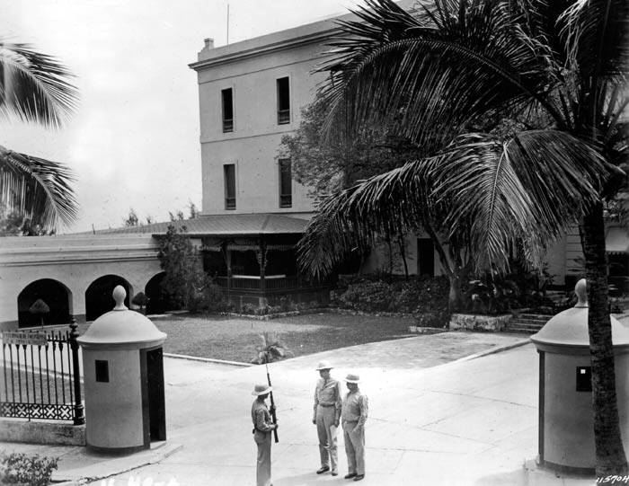 Sentry at entrance to Ballaja Barracks, San Juan, Puerto Rico. 1940.  SC115704